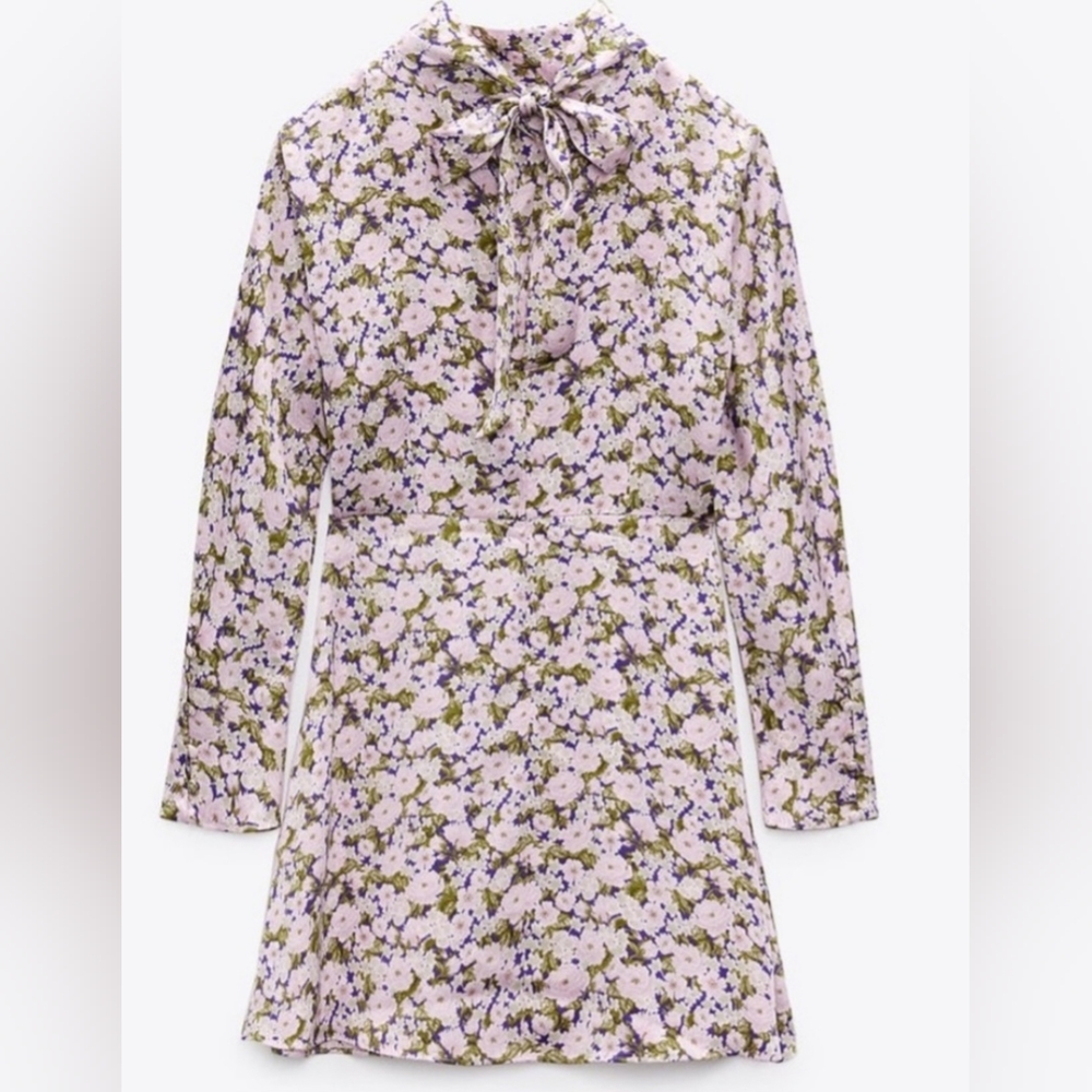 (SOLD) ZARA Satin Effect Mock Neck Longsleeve Dress XL, Purple/Green - Picture 2 of 12